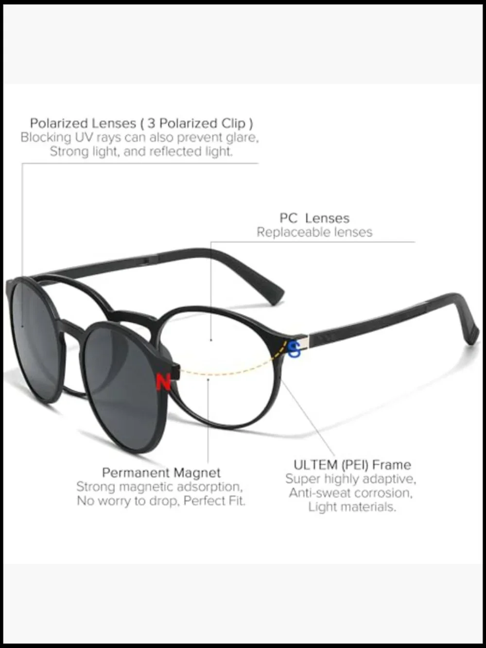 Round Eyeglasses Frame with 3 in 1 Polarized Magnetic Clip-On Sunglasses